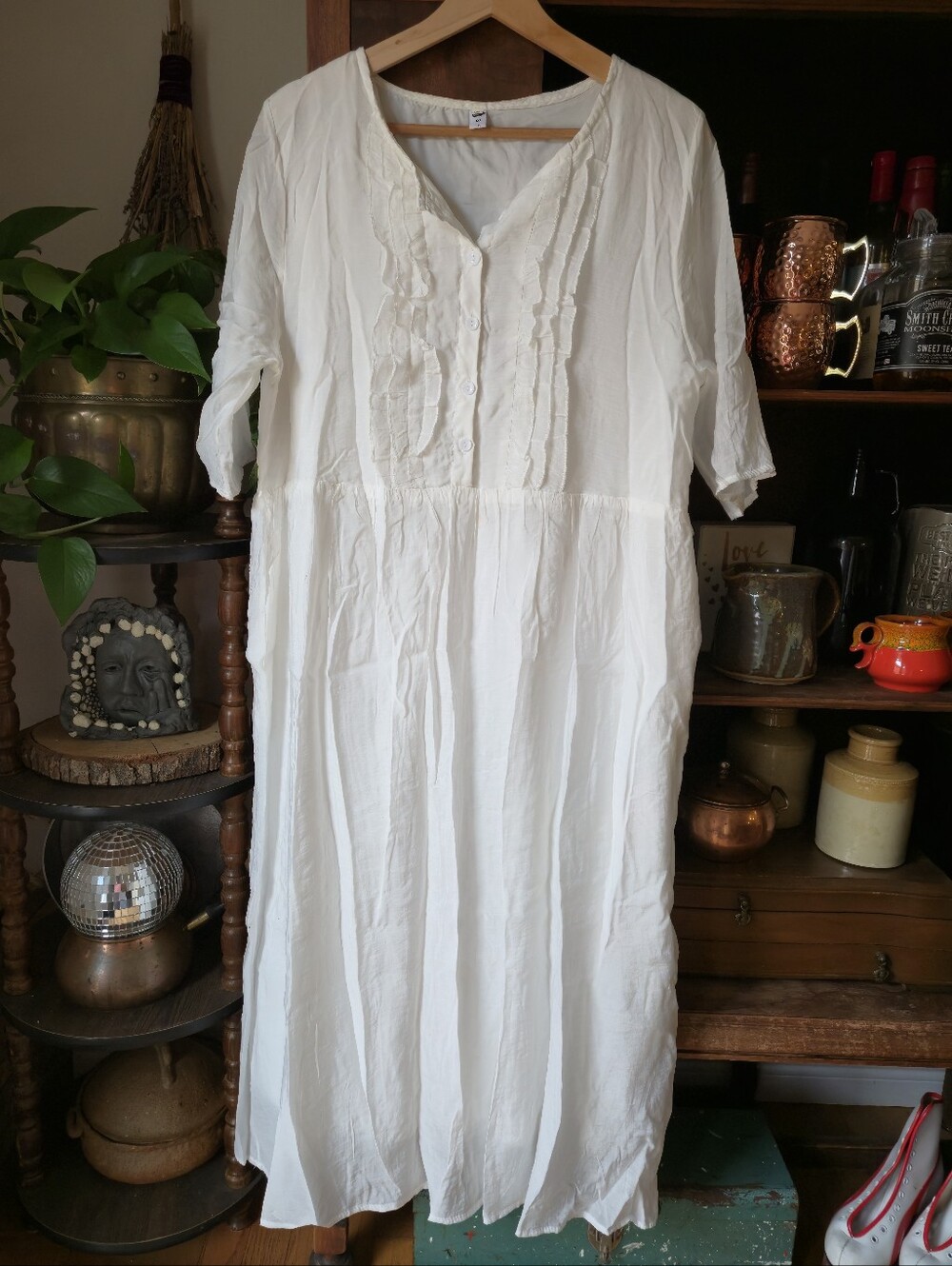 White Ruffled Empire Waist Button Front Boho Maxi Dress, medium